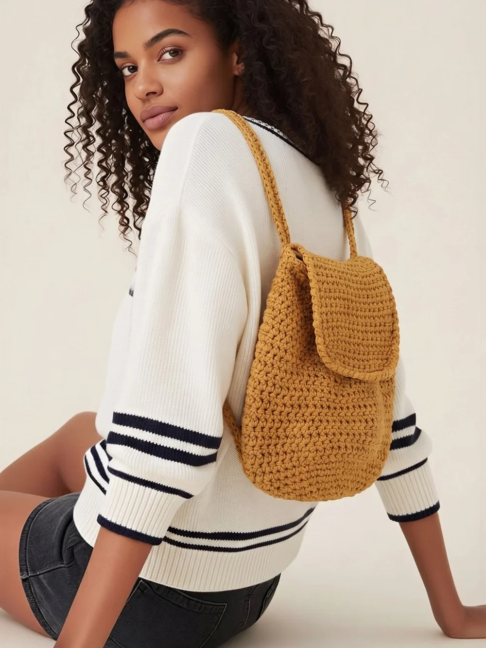 Handcrafted Camel Crochet Backpack with Flap